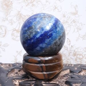 Lapis Lazuli Crystal Ball Sphere Stone blue white gray gold & Tiger's Eye Stand